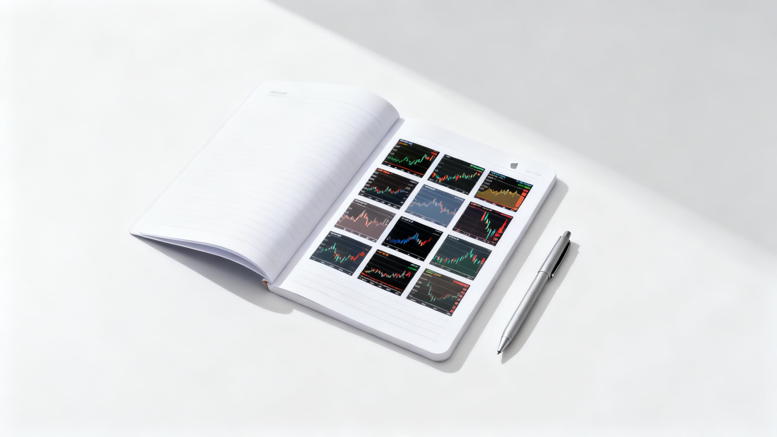Trading journal folder with dated chart screenshots and a weekly review checklist